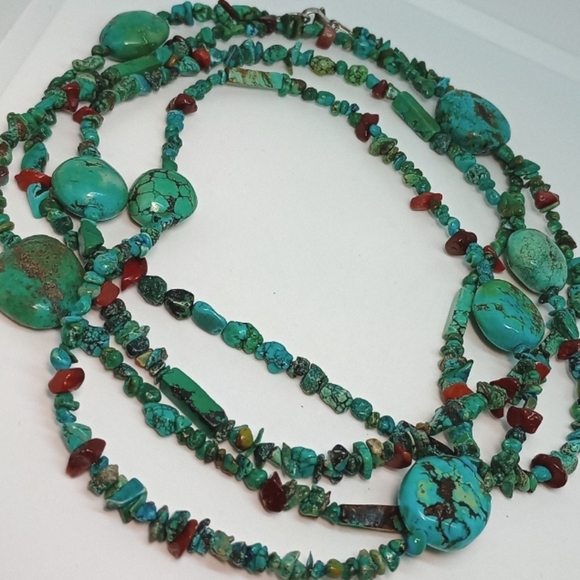 * vintage gorgeous extra long turquoise w/agate chips & 925 clasp necklace - Picture 1 of 5